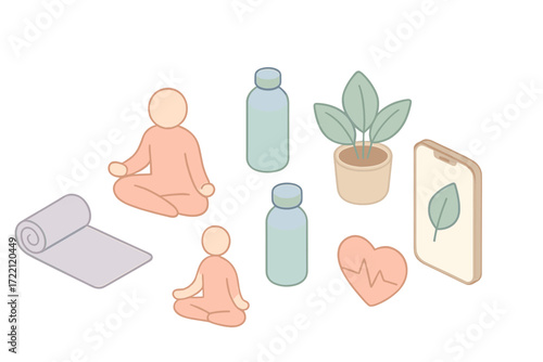 Employee Wellness Icons. Isometric vector illustration set of employee wellness icons: yoga mat, meditation pose, water bottle,