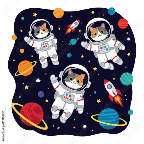 Three cute astronaut cats exploring outer space with colorful planets and rockets Fun cosmic adventure
