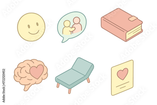 Mental Wellbeing Icons. Isometric vector illustration set of mental wellbeing icons: smiling face, supportive chat bubble, diary