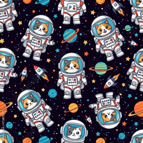 Cute cartoon astronaut cats explore outer space with planets stars and rockets Fun pattern