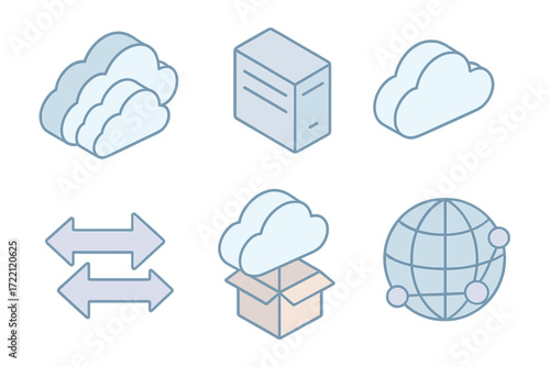 Cloud Network Icons. Isometric vector illustration set of hybrid and multi-cloud icons: two connected clouds, private server,