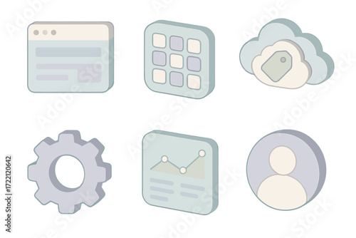 SaaS Icons Set. Isometric vector illustration set of SaaS service icons: web browser window, app interface, subscription cloud,