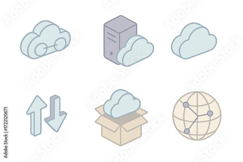 Cloud Network Icons. Isometric vector illustration set of hybrid and multi-cloud icons: two connected clouds, private server,
