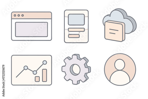 SaaS Icons Set. Isometric vector illustration set of SaaS service icons: web browser window, app interface, subscription cloud,