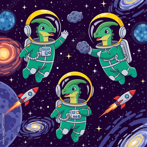 Adorable dinosaur astronauts enjoy a fun space adventure with planets stars and rockets