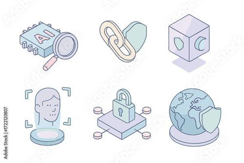 Advanced Security Icons. Isometric vector illustration set of advanced protection icons: AI threat detection, blockchain security