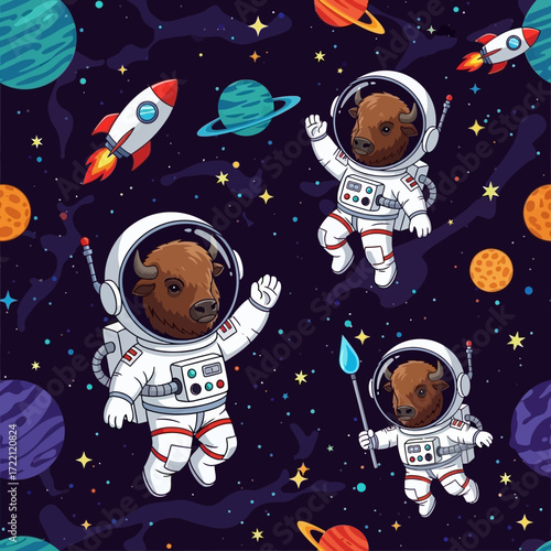 Cute bison astronauts explore a vibrant cosmic scene with planets and rockets inspiring wonder and adventure