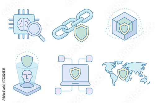 Advanced Security Icons. Isometric vector illustration set of advanced protection icons: AI threat detection, blockchain security
