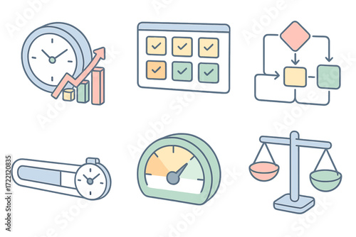 Productivity KPI Icons. Isometric vector illustration set of productivity KPI icons: clock with chart, task completion board,