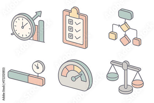 Productivity KPI Icons. Isometric vector illustration set of productivity KPI icons: clock with chart, task completion board,