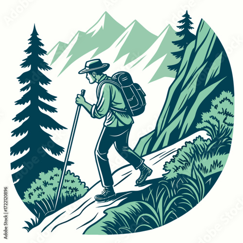 Male hiker in hat and backpack holding walking stick ascending mountain path in vintage illustration style.