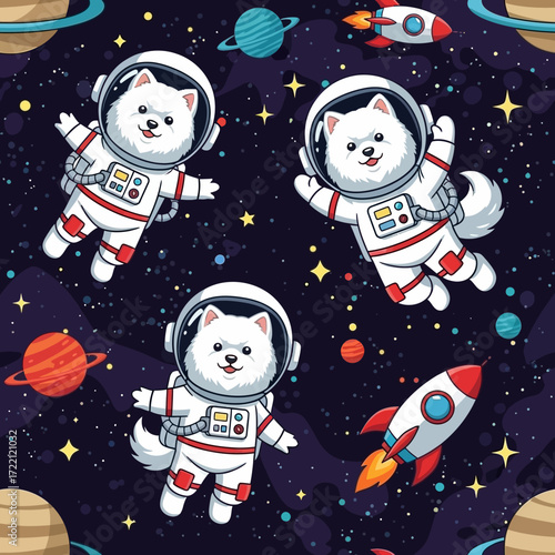 Cute cartoon dogs in astronaut suits floating in starry space with planets and rockets Fun adventure
