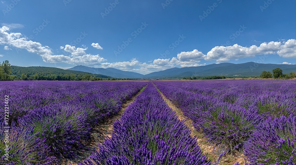 Obraz premium A field full of purple flowers under a clear blue sky with a distant mountain range