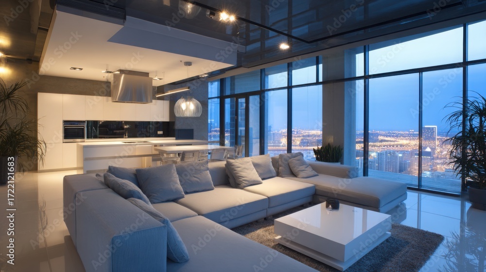 Fototapeta premium luxury minimalist penthouse wide open space panora