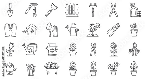 Collection of Gardening Tools and Plants Icons for Outdoor and Indoor Horticulture Activities