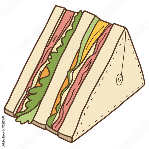 Illustrated club sandwich cut diagonally revealing layered fillings of meat cheese and fresh lettuce.
