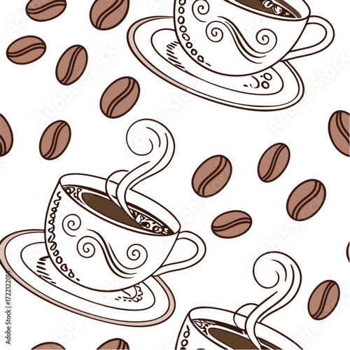 Detailed Vector Illustration of Coffee Cups with Steam and Coffee Beans.