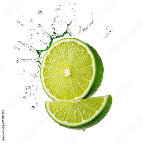 Sliced lime splashing, dark background, juicy, food