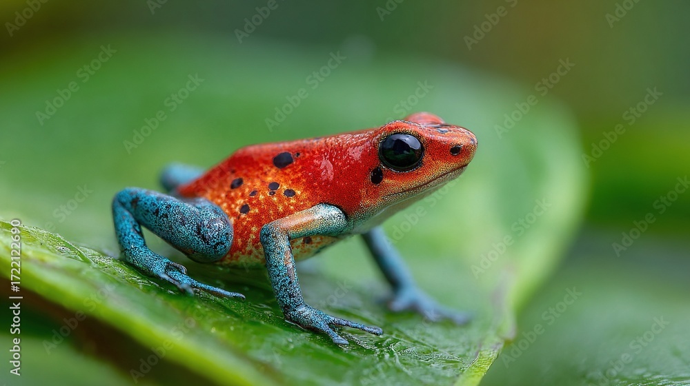 Fototapeta premium Red and blue frogs on a green leafy surface