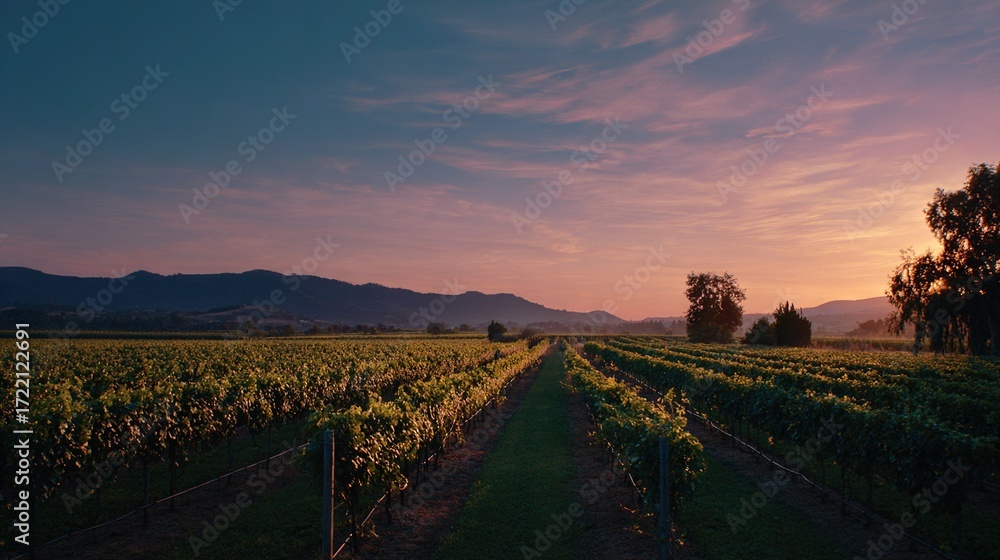 Obraz premium Sun setting in distance over crop field with mountains in background