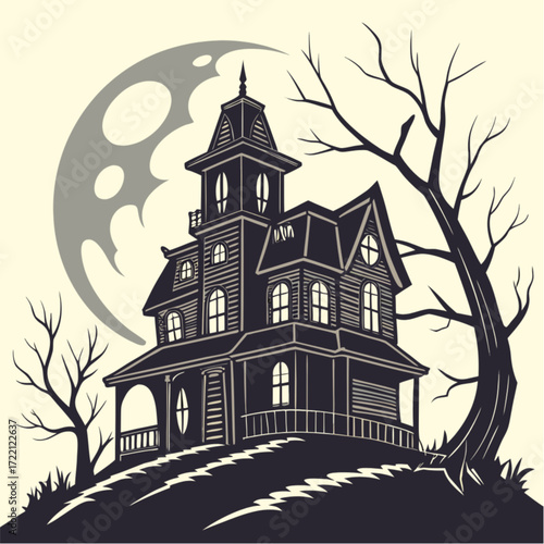 Spooky Victorian Haunted Mansion on a Hill Under a Full Moon.