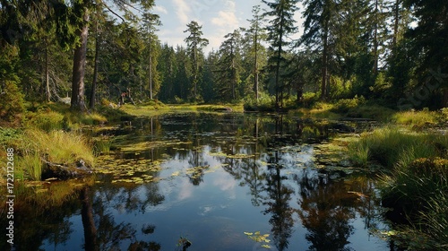   A pond surrounded by dense forest, dotted with vibrant water lilies