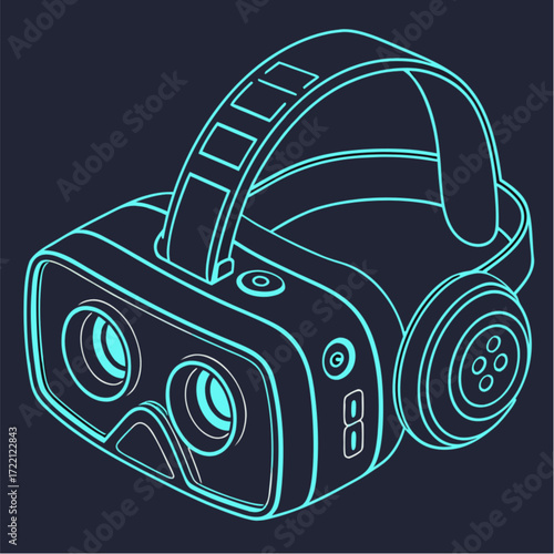 Futuristic Neon Blue Line Art Virtual Reality Headset.