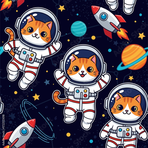 Adorable cartoon cats as astronauts exploring space with rockets and planets Fun adventure and discovery