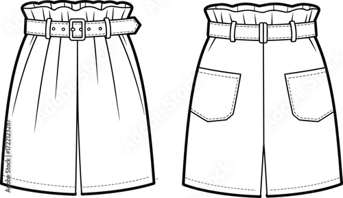 High-waisted shorts sketch, fashion flat, paperbag waist, technical drawing, garment design, pleated shorts, belt detail, patch pockets, front view, back view