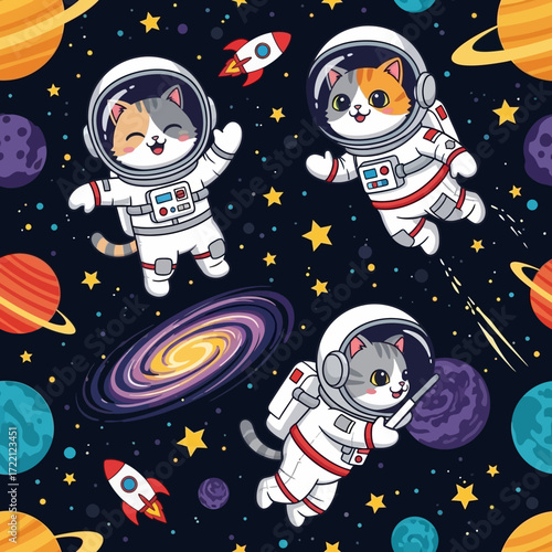 Cute astronaut cats explore the colorful cosmos among planets stars and rockets Fun space adventure