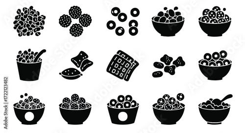 Collection of Cereal and Breakfast Food Icons in Various Shapes and Bowls
