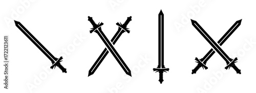 Swords icons. Crossed swords. Black silhouette. Front and side view. Vector simple flat graphic illustration. Isolated object on a white background.