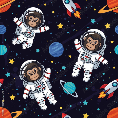 Cute chimpanzee astronauts explore space among planets stars and rockets Fun pattern for kids