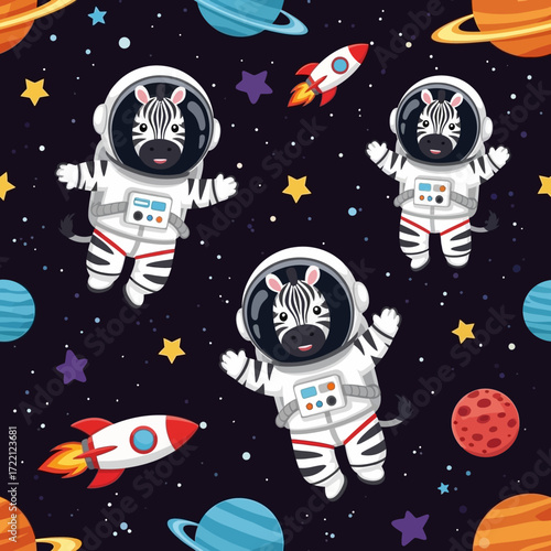 Cheerful zebras in astronaut suits enjoying a cosmic adventure with planets and rockets