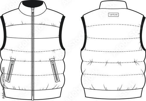 Puffer vest sketch, sleeveless jacket, fashion flat, quilted design, technical drawing, zipper closure, ribbed hem, front view, back view, garment template