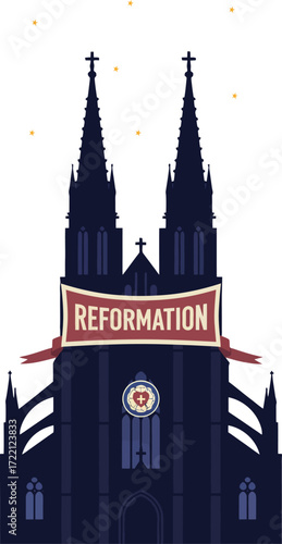 A grand cathedral at night with a "Reformation" banner, symbolizing the historical Protestant movement, Martin Luther, and religious transformation.