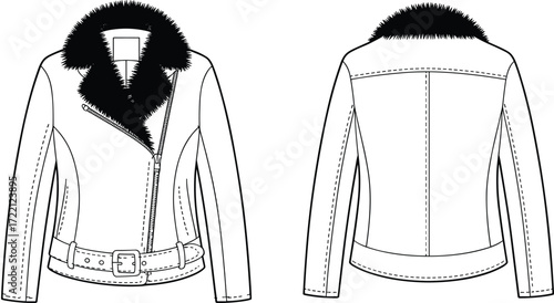 Winter jacket sketch, fur collar coat design, front and back view, fashionable outerwear template, stylish clothing illustration, modern sewing pattern