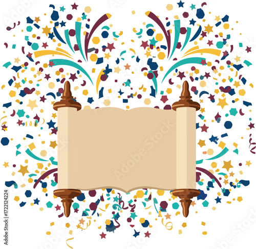A sacred Torah scroll surrounded by an explosion of festive confetti and stars, symbolizing Jewish faith, tradition, and the joyous holiday of Simchat Torah.