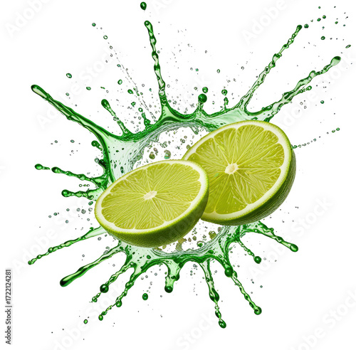 Lime halves splashing, juicy citrus burst, dark background, drink advertisement