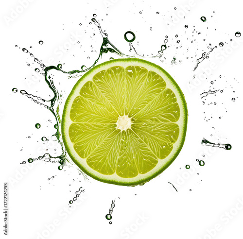 Lime slice splash, vibrant green, dark background, drink ad