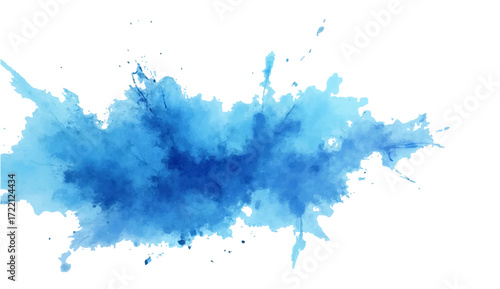 Blue ink splashes and blots on white background with watercolor texturea