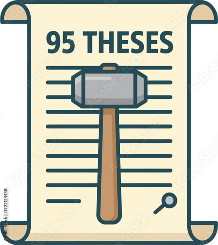 Martin Luther's 95 Theses document with a hammer, a powerful symbol of the Protestant Reformation and historical dissent against the Catholic Church.