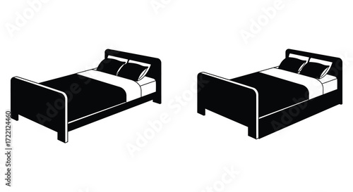 Two black and white graphic illustrations of simple modern beds