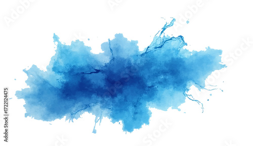 Blue ink splashes and blots on white background with watercolor texturea