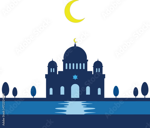 Peaceful mosque with a crescent moon reflecting on tranquil water, a serene spiritual scene symbolizing Islamic faith, sacred holidays, and devotion.