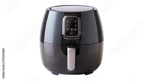 Modern black air fryer isolated on transparent background, a convenient kitchen appliance for healthy cooking and crispy food with digital display