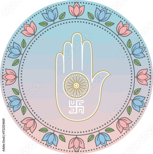 Spiritual Ahimsa symbol with lotus flowers in soft gradient colors, representing non-violence, peace, and enlightenment, perfect for mindful concepts.