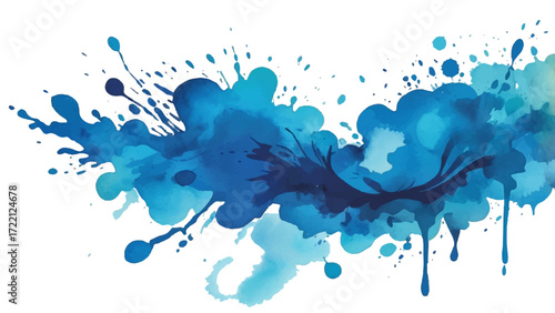 Blue ink splashes and blots on white background with watercolor texturea