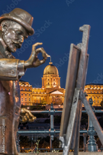 Popular instgrammer spot in Budapest. A painter painting the Buda royal castle.