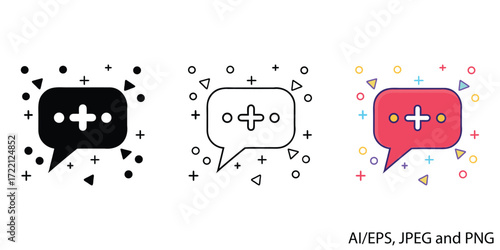 Speech bubble icon with plus sign symbol represents new message or communication vector